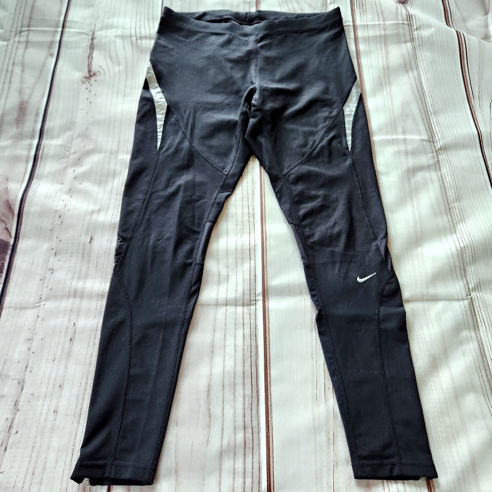 Nike Legging Drifit Running Pant Black Reflective Zipper Mesh | Women's Size M